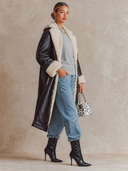 Women's Solid Color Faux Leather Color-blocked Fleece Long Coat ZMZ3042I2XT