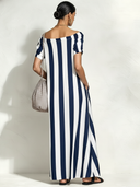 Women's Retro Casual Striped Color Block Short-Sleeve Maxi Dress ZMZ0232F3ZJY