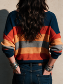 Women's Retro Casual Rainbow Striped Color Block Crew Neck Pullover Sweater ZMZ1144I2ZJY