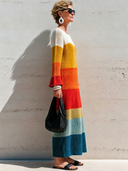 Women's Casual Resort-Style Color-Block Knit  With Crew Neck And Flared Sleeves Maxi Dress ZMZ0935G2ZYY