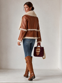 Women's Western-style Brown Faux Leather And Beige Plush Color-block Jacket ZMZ3061I4XT