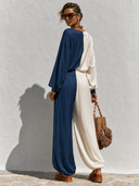 Women's Casual Two-Tone Color-Block Top And Wide-Leg Pants Set ZMZ2719G6XT