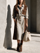 Women's Stylish Cotton And Faux Suede Panel Long-Sleeve Midi Dress (Belt Included) ZMZ2809H1SWL