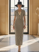 Women's Casual Old-fashion Style Knitted Striped Short-sleeved Maxi Dress ZMZ1156B4K