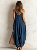 Women's Retro Casual Cotton Linen Color Block Sleeveless Jumpsuit Set ZMZ0498F0ZJY