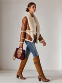 Women's Western-style Brown Faux Leather And Beige Plush Color-block Jacket ZMZ3061I4XT