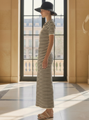 Women's Casual Old-fashion Style Knitted Striped Short-sleeved Maxi Dress ZMZ1156B4K