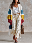 Women's Vintage Casual Loose Color-Block Striped Long Knit Cardigan Coat ZMZ2462I1XT