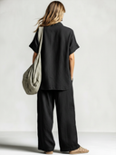 Women's Retro Casual Street Style Cotton Washed Short-Sleeve Top And Pants Set ZMZ0447F5ZJY