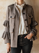 Women's Retro Casual Herringbone Stand Collar Ruffle Button Jacket ZMZ1544J6ZJY