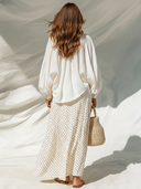 Women's Retro Casual Cotton Linen Long-Sleeved Top And Chiffon Polka Dot Skirt Set ZMZ0458F2ZJY