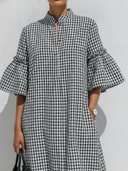 Women's Premium Vintage Black & White Checkered Loose Mandarin Collar And Flared Sleeves Maxi Dress ZMZ0532F1ZYY