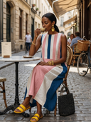 Women's Casual Vacation-Style Contrast-Print, Crew Neck, Sleeveless Blend Maxi Dress ZMZ0788E7ZYY