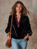 Women’s Vintage-Style V-Neck Velvet Shirt With Lantern Sleeves And Subtle Embroidery – Relaxed Fit ZMZ3080J9ZYY
