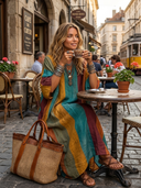 Women's Casual Vacation-Style Loose Fit, Short Sleeves, V-Neck, And Contrast Color Design Blend Maxi Dress ZMZ1172E6ZYY