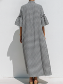 Women's Premium Vintage Black & White Checkered Loose Mandarin Collar And Flared Sleeves Maxi Dress ZMZ0532F1ZYY