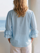 Women Premium Cotton Linen Blouse Ruffled Tie V Neck Double Layer Flare 3/4 Sleeve Loose Sky Blue Vacation Top ZMZ0238G3YZH