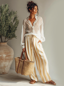 Women's Retro Casual Cotton Linen Long-Sleeve Shirt And Striped Pants Set ZMZ1500E7ZJY