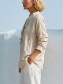Women Premium Cotton Linen Ruffled Half Placket Blouse Stand Collar Long Sleeve Loose Textured Tunic Top ZMZ3053F6YZH