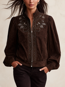 Women's Dark Brown Floral Embroidery Zip-Up Jacket With Stand Collar And Puff Sleeves ZMZ1669J7YZH