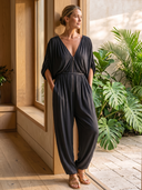 Women's Deep V-Neck Zip-Front Batwing Sleeve Harem Jumpsuit ZMZ0768I4YZH