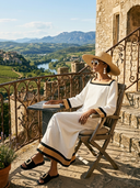 Women's Casual Vacation-Style Cotton-Linen Blend Patchwork Dress — Loose-Fit, Short-Sleeve, Square Neck Maxi Dress ZMZ0798E6ZYY