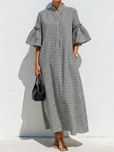 Women's Premium Vintage Black & White Checkered Loose Mandarin Collar And Flared Sleeves Maxi Dress ZMZ0532F1ZYY