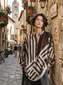 Women's Vintage Casual Vertical Stripe Print Henley neck Lantern Sleeve Loose Blouse ZMZ0253G8ZYY