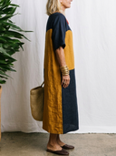 Women's Wabi-Sabi Art Style Premium Linen Color Block Half Sleeve Shift Midi Dress ZMZ1293F2YZH