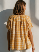 Women's Boho Casual Rayon Blend Plaid Pleated Notch Neck Short Sleeve Blouse ZMZ1239F2YZH