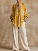 Women's Vintage Casual Cotton-Linen Vertical-Stripe Stand-Collar Lantern-Sleeve Shirt And Corduroy Wide-Leg Pants Set ZMZ2911G9ZYY