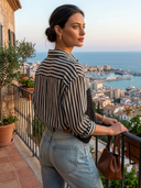 Women's Vintage Casual Cotton-Linen Vertical-Stripe Long-Sleeve Shirt ZMZ0262G1ZYY