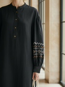 Women's High-end Old-money Style Pure Cotton Embroidered Henley Collar Long-sleeved Maxi Dress ZMZ1289B4K