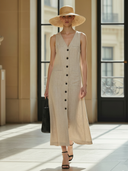 Women's Fashionable Old-fashioned Tencel Linen Herringbone Sleeveless Maxi Dress ZMZ1215B3K