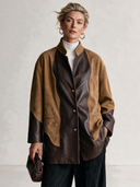 Women's Retro-Style Camel & Chocolate Brown Colorblock Suede Leather-Look Stand Collar Button Jacket ZMZ1425J3ZYY