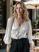 Women's Premium White Satin V-neck Long-sleeve Lace Top ZMZ2536H9SWL