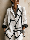 Women's Retro-style Cotton And Linen Color-blocked Two-button Long-sleeved Jacket（Three-quarter sleeves）ZMZ0326H9SWL