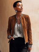 Women's Classic And Stylish Grey-white Faux Suede Color-blocked Zip-up Jacket ZMZ1063H8SWL