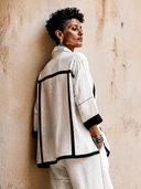 Women's Retro-style Cotton And Linen Color-blocked Two-button Long-sleeved Jacket（Three-quarter sleeves）ZMZ0326H9SWL