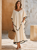 Women's Cream Cotton Two-Piece Outfit, Oversized V-Neck Cape Top & Flared Midi Skirt Set With Black Contrast Trim ZMZ2256F0SWL