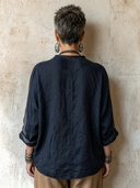Women's Classic Cotton-Linen V-Neck Color-Block Long-Sleeve Top ZMZ0590H2SWL