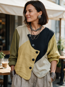 Women's Classic Autumn Color-Block Cotton-Linen Long-Sleeve Shirt ZMZ1899H4SWL