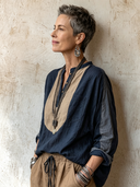 Women's Classic Cotton-Linen V-Neck Color-Block Long-Sleeve Top ZMZ0590H2SWL