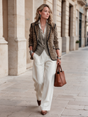 Women's Classic Leopard-Print Faux Suede Two-Button Blazer With Black Trim ZMZ2105I0SWL