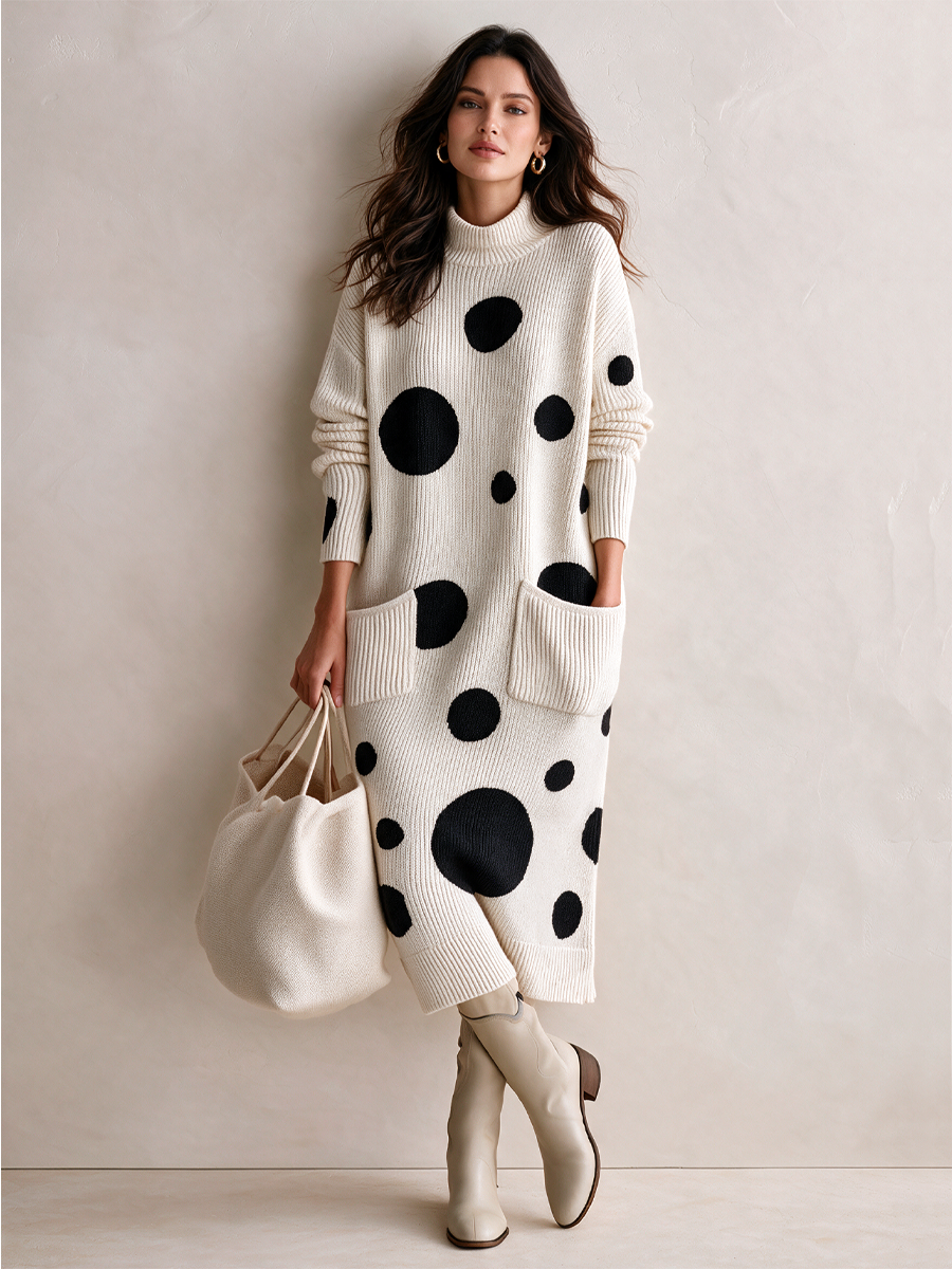 Women's Elegant Polka-Dot Long-Sleeve High-Stretch Knit Midi Dress ZMZ0723I6SWL