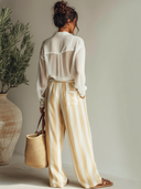 Women's Retro Casual Cotton Linen Long-Sleeve Shirt And Striped Pants Set ZMZ1500E7ZJY