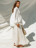 Women's Retro Casual Cotton Linen Long-Sleeved Top And Chiffon Polka Dot Skirt Set ZMZ0458F2ZJY