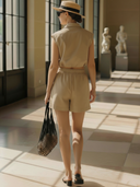 Women's French-style Elegant Pure Cotton Sleeveless Shirt And Elastic Waist Shorts Set ZMZ1470B3K