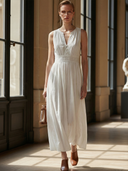 Women's High-end Old-money Style Cotton And Linen Blend With Embroidered Neckline And Waist Sleeveless Dress ZMZ2645B0K