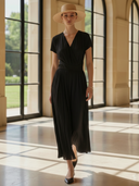 Women's High-end Vintage-style Pleated Fabric V-neck Short-sleeved Maxi Dress ZMZ2782B0K